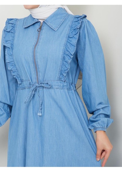 Kadın Fermuar Detaylı Fırfırlı Kot Elbise indirimleri