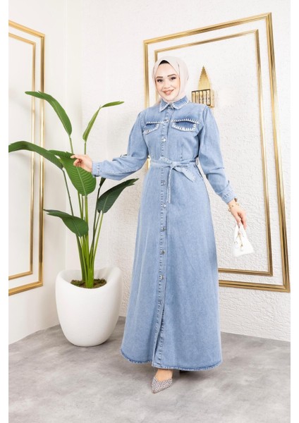 Kadın Cep Detaylı Denim Kot Elbise