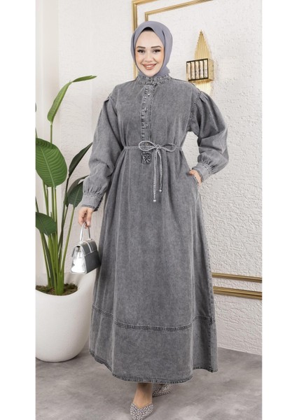 Kadın Düğmeli Kuşaklı Balon Kol Kot Elbise