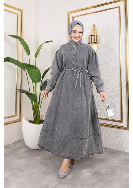Kadın Düğmeli Kuşaklı Balon Kol Kot Elbise fiyatları