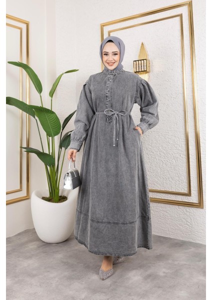 Kadın Düğmeli Kuşaklı Balon Kol Kot Elbise modelleri