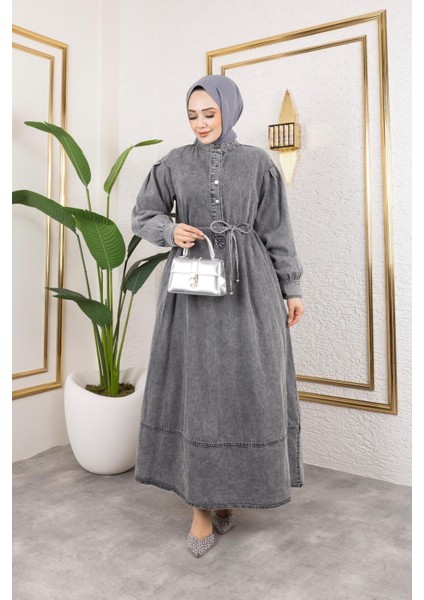 Kadın Düğmeli Kuşaklı Balon Kol Kot Elbise fırsatları