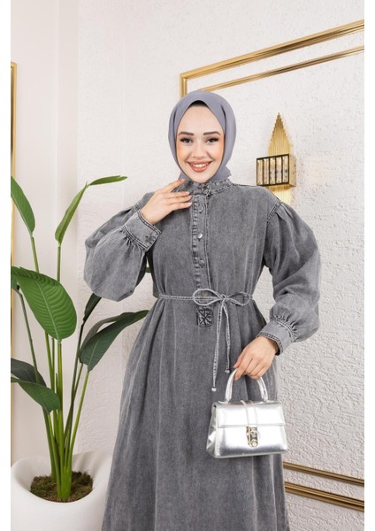 Kadın Düğmeli Kuşaklı Balon Kol Kot Elbise indirimleri