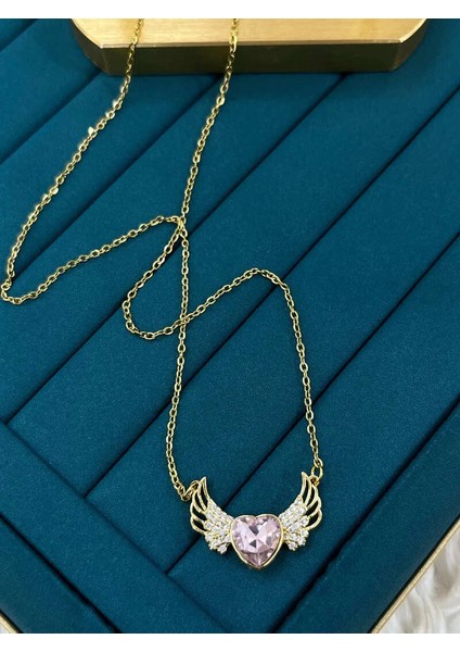 Melek Kanadı Kalp Model Gold Renk Çelik Kolye