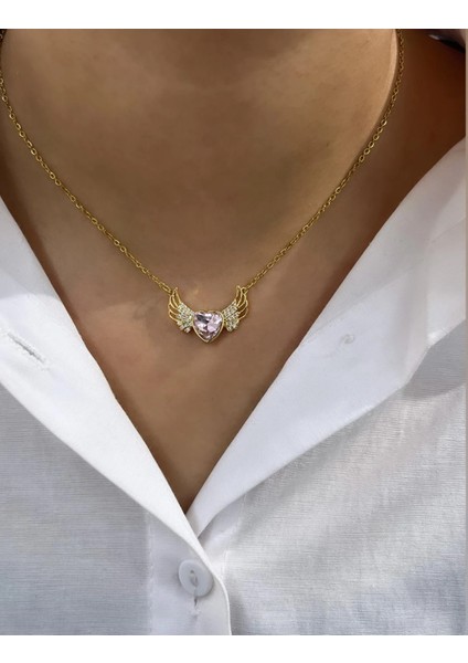 Melek Kanadı Kalp Model Gold Renk Çelik Kolye fiyatları