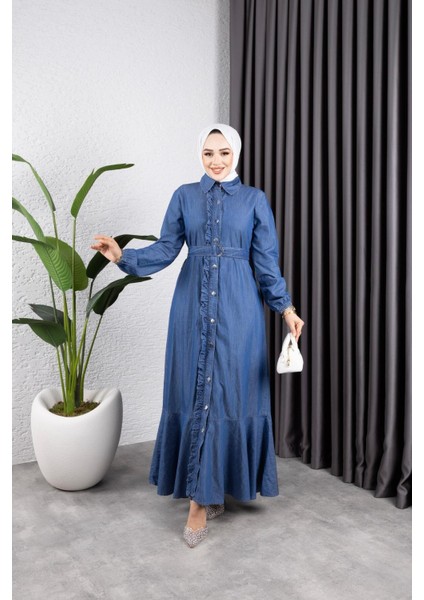 Kadın Fırfır Detaylı Kuşaklı Kot Elbise fiyatları