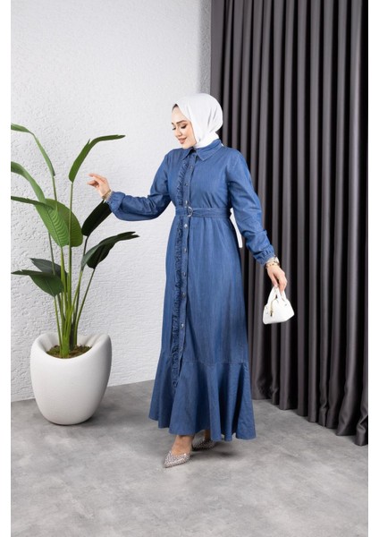 Kadın Fırfır Detaylı Kuşaklı Kot Elbise fırsatları