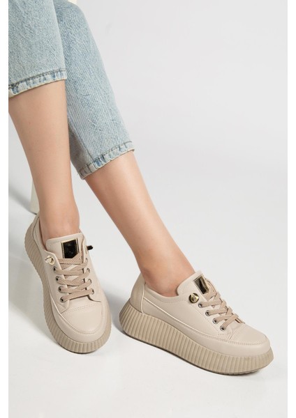 Kadın Casual Spor Ayakkabı Bej Elastik Bağcıklı Kalın Taban fiyatları
