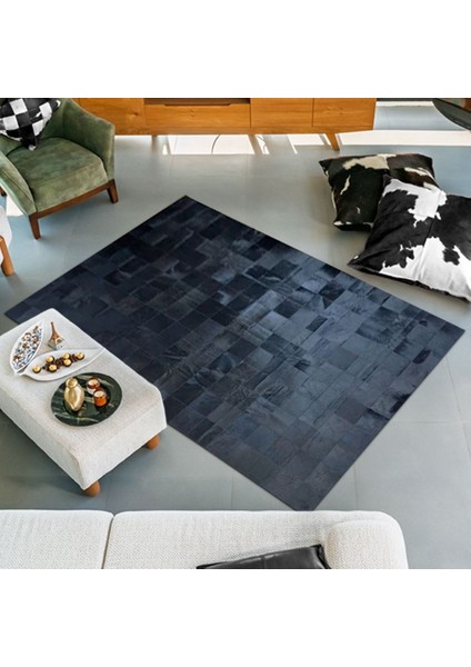 %100 Doğal Dana Derisi Kaymaz Taban Premium Patchwork Halı - Siyah