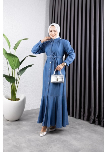 Kadın Düğmeli Kuşaklı Kot Elbise modelleri