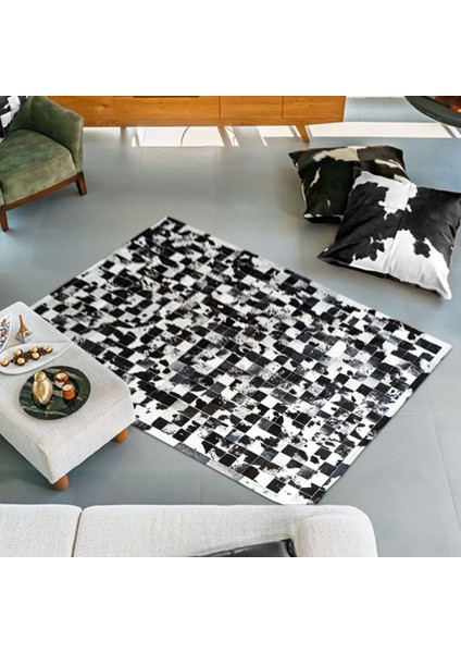%100 Doğal Dana Derisi Kaymaz Taban Premium Patchwork Halı Dalmaçyalı - Siyah Beyaz
