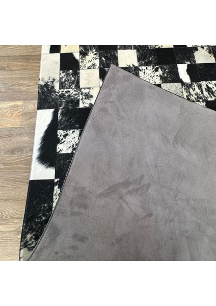 %100 Doğal Dana Derisi Kaymaz Taban Premium Patchwork Halı Dalmaçyalı - Siyah Beyaz fırsatları