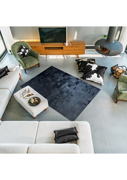 %100 Doğal Dana Derisi Kaymaz Taban Premium Patchwork Halı - Siyah fırsatları