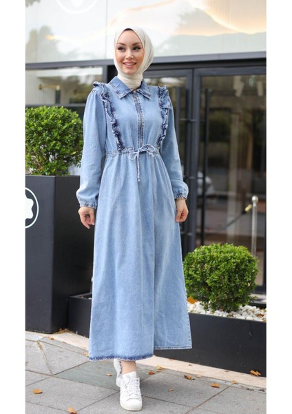 Kadın Fır Fırlı Belden Bağlamalı Denim Kot Elbise