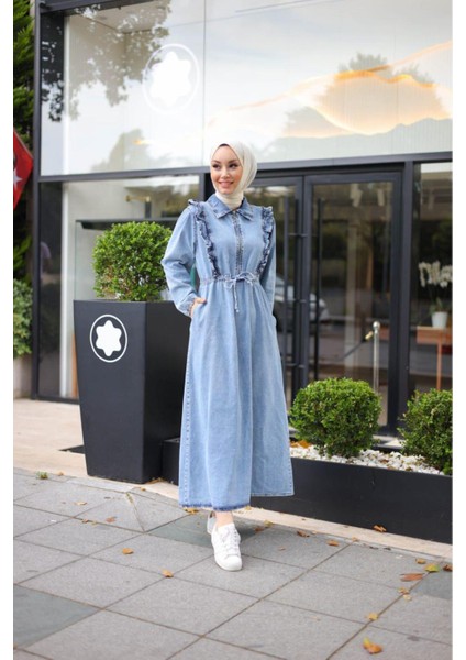 Kadın Fır Fırlı Belden Bağlamalı Denim Kot Elbise modelleri