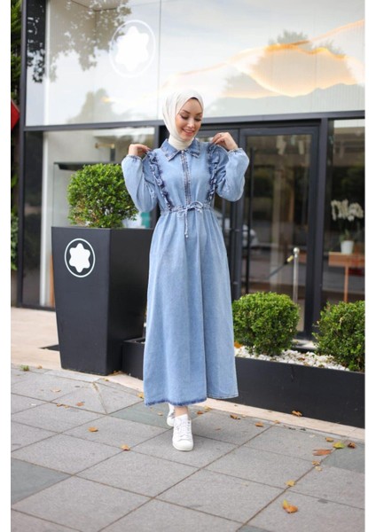 Kadın Fır Fırlı Belden Bağlamalı Denim Kot Elbise indirimleri