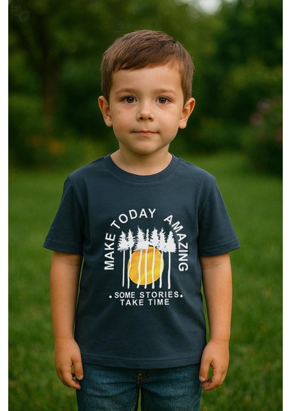 Erkek Çocuk %100 Pamuklu Baskılı Kısa Kollu Tişört - Petrol (3-4 Yaş 8-9 Yaş)
