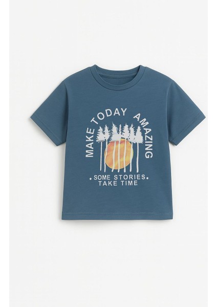 Erkek Çocuk %100 Pamuklu Baskılı Kısa Kollu Tişört - Petrol (3-4 Yaş 8-9 Yaş) fiyatları