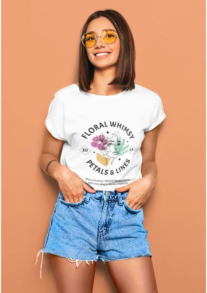Floral Whımsy Baskılı Standart Kalıp Bisiklet Yaka Pamuklu Kadın Tshırt