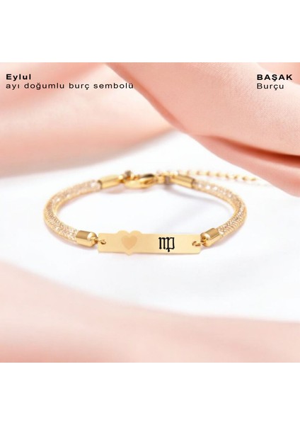 Eylül Ayı Doğumları İçin Hasır Kordonlu Kalp Motifli 14 Ayar Altın Plakalı Hediye Bileklik-457AY