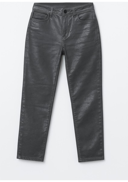 Kadın Yüksek Bel Parlak Mum Kumaş Wide Leg Jean Pantolon