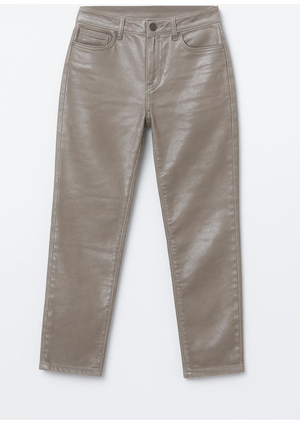 Kadın Yüksek Bel Parlak Mum Kumaş Straight Fit Jean Pantolon