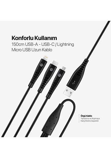 By Trio Şarj Kablosu Usb-A - Usb-C/lightning/micro USB 150CM-SIYAH