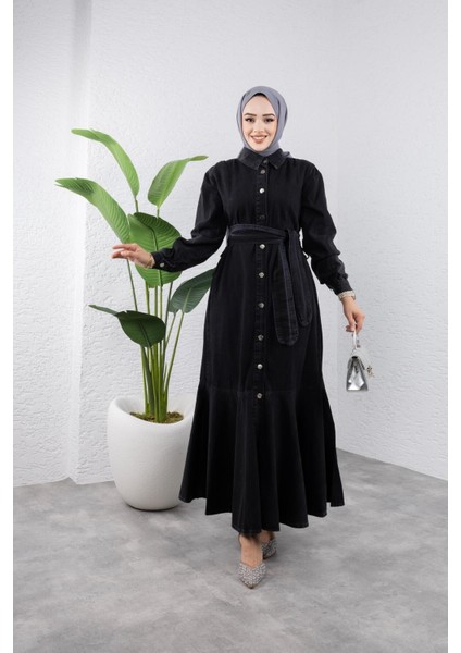 Kadın Kuşaklı Düğmeli Kot Elbise modelleri