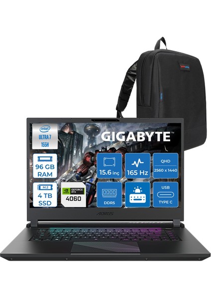 Aorus 15 BKG-13TR754SH Ultra 7 155H Aı 96GB Ddr5 4tb SSD 8GB/RTX4060 140W 165Hz 15,6" Qhd (2560 x 1440) IPS Freedos Gaming Bilg. Z13TR754SHF30+ZETTAÇANTA