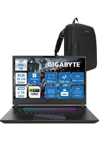 Aorus 15 BKG-13TR754SH Ultra 7 155H Aı 32GB Ddr5 4tb SSD 8GB/RTX4060 140W 165Hz 15,6" Qhd (2560 x 1440) IPS WIN11HOME Gaming Bilg. Z13TR754SHH10+ZETTAÇANTA