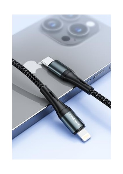 Örgülü iPhone Uyumlu Type C-Lightning Pd Hızlı Şarj Kablosu, Siyah (100 Cm)