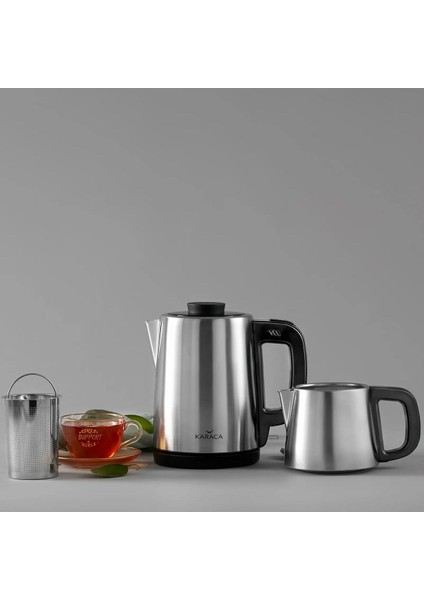 2 In 1 Çelik Aile Boyu 2,75 Lt Kapasiteli Su Isıtıcı ve Çay Makinesi Inox Siyah