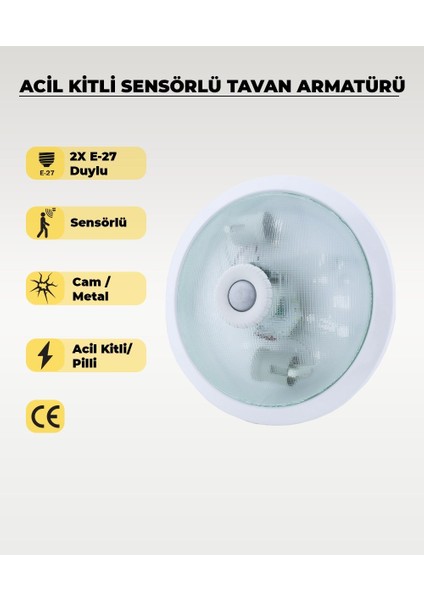 Acil Kitli Pilli 2 x E27 Duylu Sensörlü Tavan Armatürü - Cam / Metal