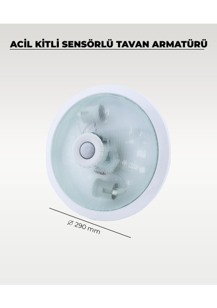 Acil Kitli Pilli 2 x E27 Duylu Sensörlü Tavan Armatürü - Cam / Metal