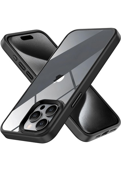iPhone 15 Pro Için Hybrid Serisi Arkası Kristal Şeffaf Polikarbonat Kenarları Silikon Kamera Lens Çerçevesi ve Tuşları Metal Yüksek Kalite Şeffaf Silikon Kılıf (Siyah, Klasik)