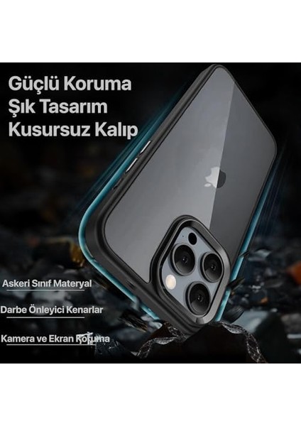 iPhone 15 Pro Için Hybrid Serisi Arkası Kristal Şeffaf Polikarbonat Kenarları Silikon Kamera Lens Çerçevesi ve Tuşları Metal Yüksek Kalite Şeffaf Silikon Kılıf (Siyah, Klasik) fiyatları