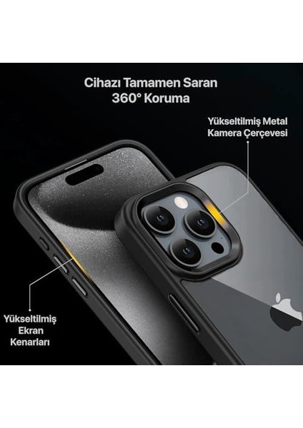 iPhone 15 Pro Için Hybrid Serisi Arkası Kristal Şeffaf Polikarbonat Kenarları Silikon Kamera Lens Çerçevesi ve Tuşları Metal Yüksek Kalite Şeffaf Silikon Kılıf (Siyah, Klasik) modelleri