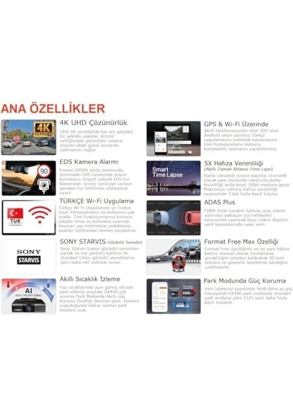GX4K Ultra Hd 4K 2ch Wi-Fi Türkçe 2 Kameralı Araç Kamerası fiyatları