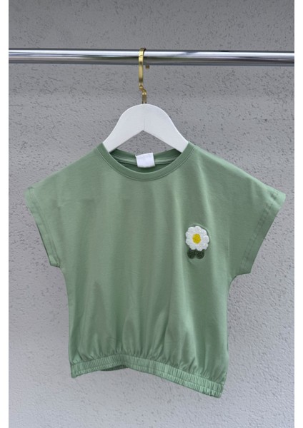 Cotton Nakış Detaylı Kız Çocuk Lastikli Tişört