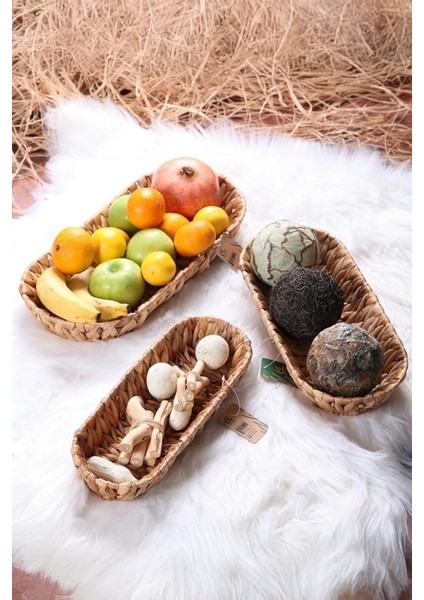 3'lü El Yapımı Hasır Ekmek Sepeti ve Çok Amaçlı Sepet Seti, Dekoratif Uzun Dar Hasır Sepet Seti