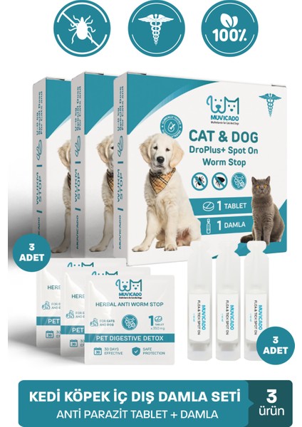 Kedi Köpek Herbal Worm Stop Bitkisel Tablet 250 Mg+ Anti Spot On Bitkisel Damla 1 ml Bit Pire Kene Köpek Iç Dış Parazit Kedi Iç Dış Parazit Köpek Ödül Ödülü Tableti Kedi Ödül Tableti