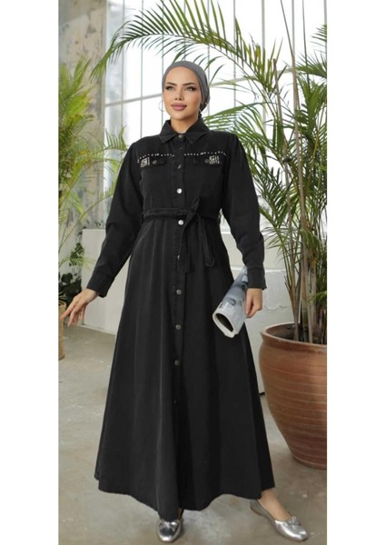 Kadın Boncuk Işlemeli Düğmeli Kot Elbise