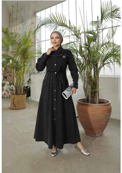Kadın Boncuk Işlemeli Düğmeli Kot Elbise fiyatları