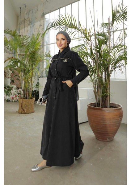 Kadın Boncuk Işlemeli Düğmeli Kot Elbise modelleri