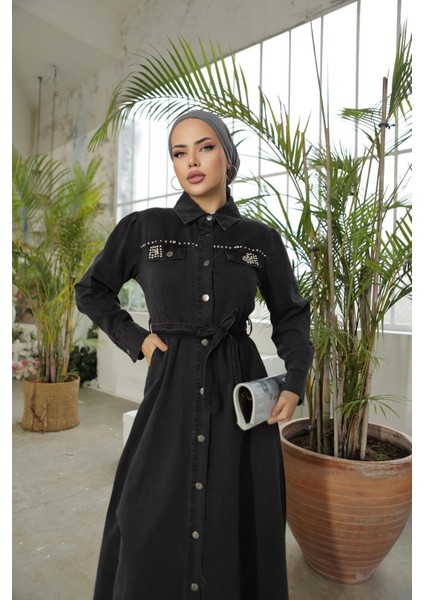 Kadın Boncuk Işlemeli Düğmeli Kot Elbise fırsatları