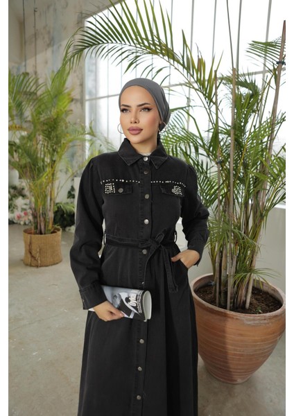 Kadın Boncuk Işlemeli Düğmeli Kot Elbise indirimleri