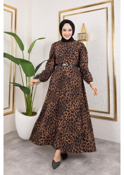 Kadın Kemerli Leopar Desenli Modal Elbise
