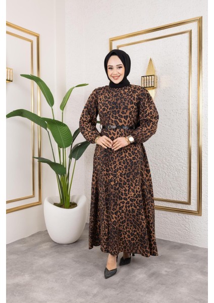 Kadın Kemerli Leopar Desenli Modal Elbise modelleri
