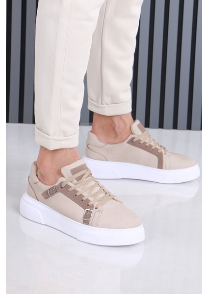 Bej Madrid Erkek Casual Spor Ayakkabı Çift Tokalı Ortopedik Tabanlı