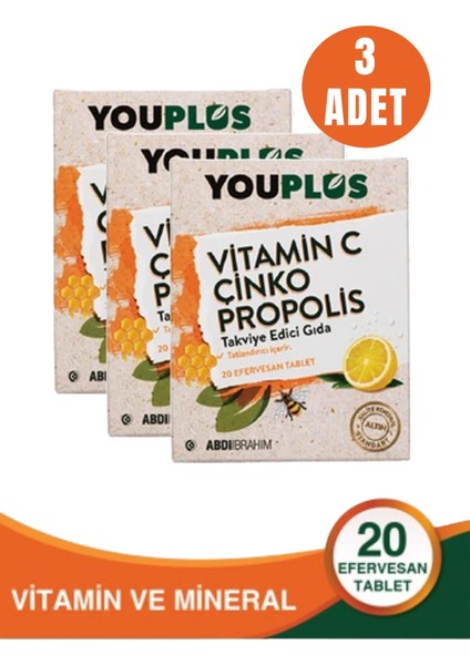 Asfstore Youplus Vitamin C Çinko Propolis 20 Efervesan Tablet 3 Adet